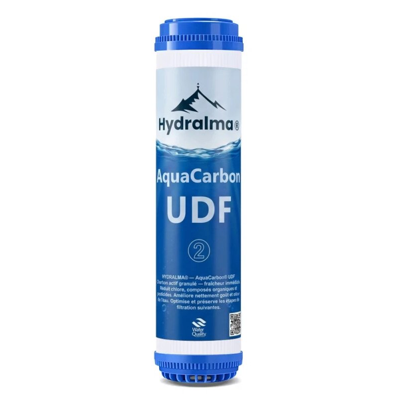 Cartouche de filtre à eau charbon actif granulé AquaCarbon UDF Hydralma® 10 pouces (Étape 2) pour la protection des osmoseurs