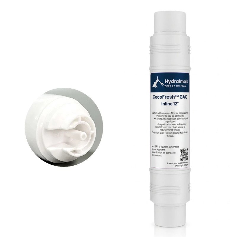 Cartouche de filtre à eau charbon actif granulé de noix de coco CocoFresh GAC Inline 12 pouces Hydralma® pour osmoseur compact
