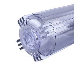 Base de porte-filtre osmoseur transparent, gros plan sur le fond renforcé du bocal de purificateur d'eau Maroc.