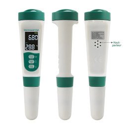 Testeur TDS et pH 5 en 1 sous trois angles, incluant le haut-parleur arrière pour annonces vocales au Maroc.
