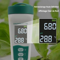 Écran testeur d'eau 5 en 1, zoom sur le rétroéclairage haute définition pour lecture nocturne du pH au Maroc.