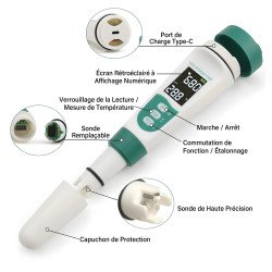Testeur d'eau numérique 5 en 1 avec sonde de haute précision remplaçable et port Type-C étanche au Maroc.