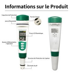 Testeur TDS pH 5 en 1 en détail, schéma des composants avec port Type-C et électrode pour analyse au Maroc.