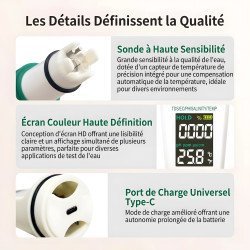 Détails testeur d'eau 5 en 1 : sonde sensible, écran couleur HD et charge Type-C universelle pour le Maroc.