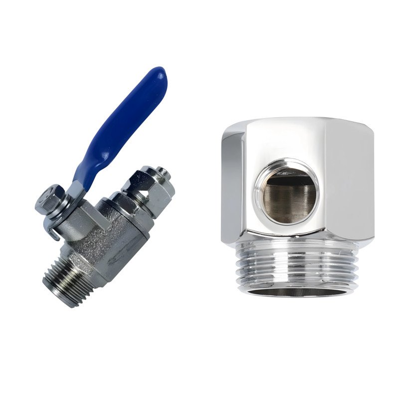 Vanne prise en charge osmoseur 3/4 vers 1/4 démontée, robinet bleu et raccord métallique pour filtre à eau au Maroc.