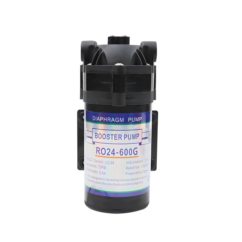 Pompe booster osmoseur 600 GPD Hydralma vue de face, moteur de pression 24V pour purification d'eau au Maroc.
