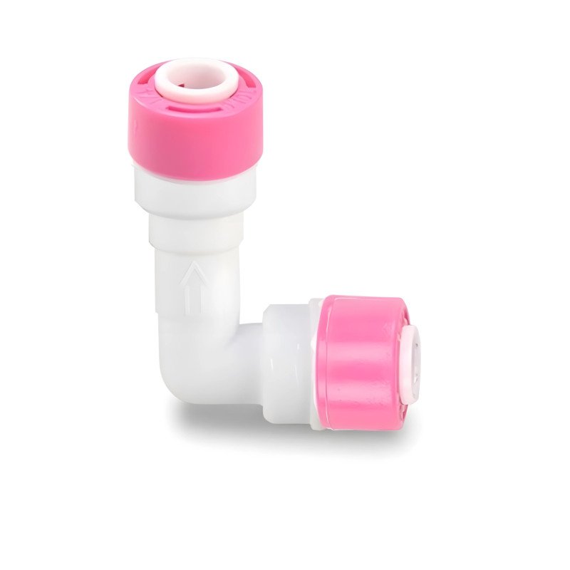 Clapet anti-retour coudé 1/4 pour osmoseur, raccord plastique blanc protégeant la membrane RO au Maroc.