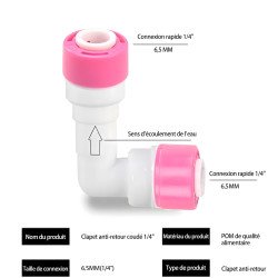 Raccord clapet anti-retour 1/4 double embout rapide, pièce blanche pour purificateur d'eau et membrane RO au Maroc.