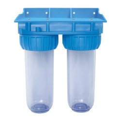 Système de station double porte-filtre à eau transparent 10 pouces avec inserts filetés en laiton 3/4, équerre murale au Maroc