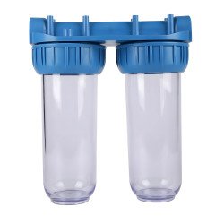 Double porte-filtre eau transparent 10 pouces, boîtier de filtration avec inserts laiton 3/4 pour purification au Maroc.