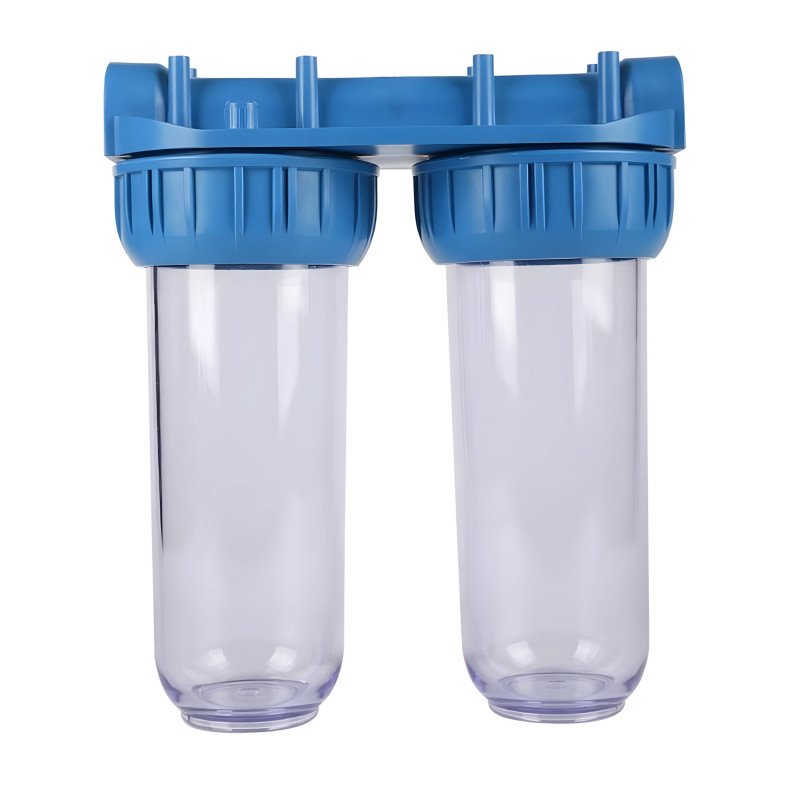 Double porte-filtre eau transparent 10 pouces, boîtier de filtration avec inserts laiton 3/4 pour purification au Maroc.