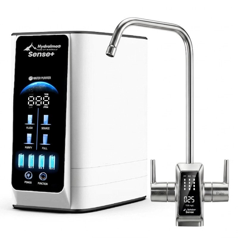 Osmoseur d'eau digital Hydralma Sense+ avec écran tactile et robinet intelligent à deux voies affichant le taux de TDS.
