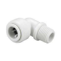 Connecteur coudé osmoseur 3/8 vers 1/4 mâle, vue du filetage et de l'embout rapide pour purificateur d'eau Maroc.