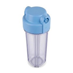 Tête bleue de porte-filtre osmoseur 10 pouces, vue plongeante sur le bocal transparent pour filtration au Maroc.