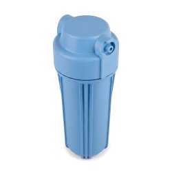 Corps de filtre bleu opaque 10 pouces vu de haut montrant les orifices d'entrée et sortie pour système de purificateur.