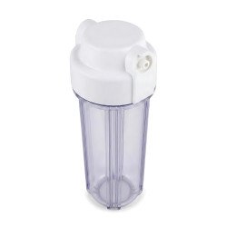 Corps de filtre à eau transparent avec entrée et sortie rapide, idéal pour une installation compacte sous évier.