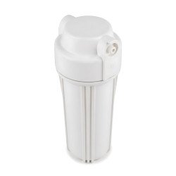 Porte-filtre 10 pouces blanc vu de haut, affichant les ports d'entrée et de sortie pour une installation hydraulique.