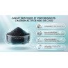 Charbon actif noix de coco : infographie des caractéristiques pour filtration fine de l'eau potable au Maroc.