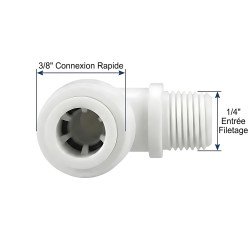Raccord coudé 1/4 mâle vers 3/8 connexion rapide : connecteur blanc pour tuyaux d'osmoseur et filtre à eau au Maroc.