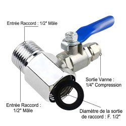 Raccord d'alimentation 1/2" vers 1/4" avec vanne : adaptateur métallique pour branchement de filtre à eau au Maroc.