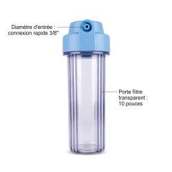 Porte filtre 10 pouces transparent : bocal de filtration d'eau pour osmoseur et purificateur domestique au Maroc.