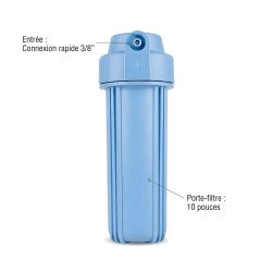Porte filtre bleu 10 pouces avec entrée connexion rapide 3/8" pour purificateur d'eau au Maroc.