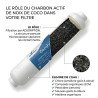 Filtre charbon CocoFresh T33 : vue en coupe montrant l'élimination du chlore et des odeurs par adsorption.