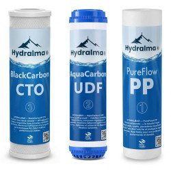 Pack 3 filtres Hydralma (PP, UDF, CTO) : cartouches de sédiments et charbon pour osmoseur et purificateur d'eau au Maroc.