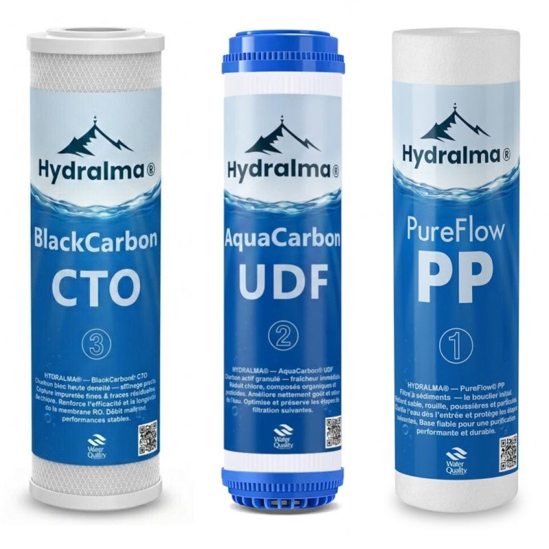 Pack 3 filtres Hydralma (PP, UDF, CTO) : cartouches de sédiments et charbon pour osmoseur et purificateur d'eau au Maroc.