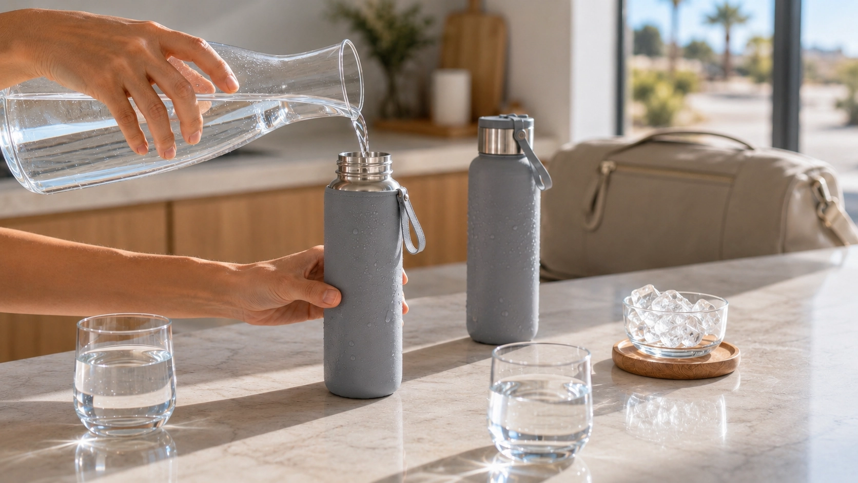 Organisation de l’hydratation pendant la canicule avec gourdes, carafe et verres d’eau fraîche à la maison