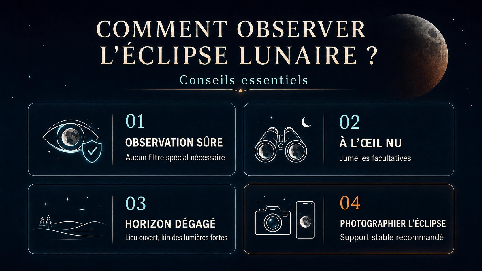 Conseils essentiels pour observer l’éclipse lunaire du 28 août 2026 : observation sans filtre spécial, à l’œil nu ou avec des jumelles, horizon dégagé et support stable pour la photographie.