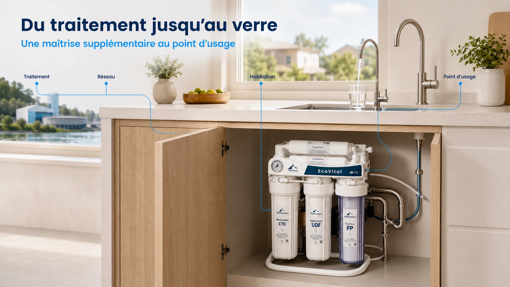 Filtration de l’eau du traitement au verre avec Hydralma EcoVital installé au point d’usage dans une cuisine moderne