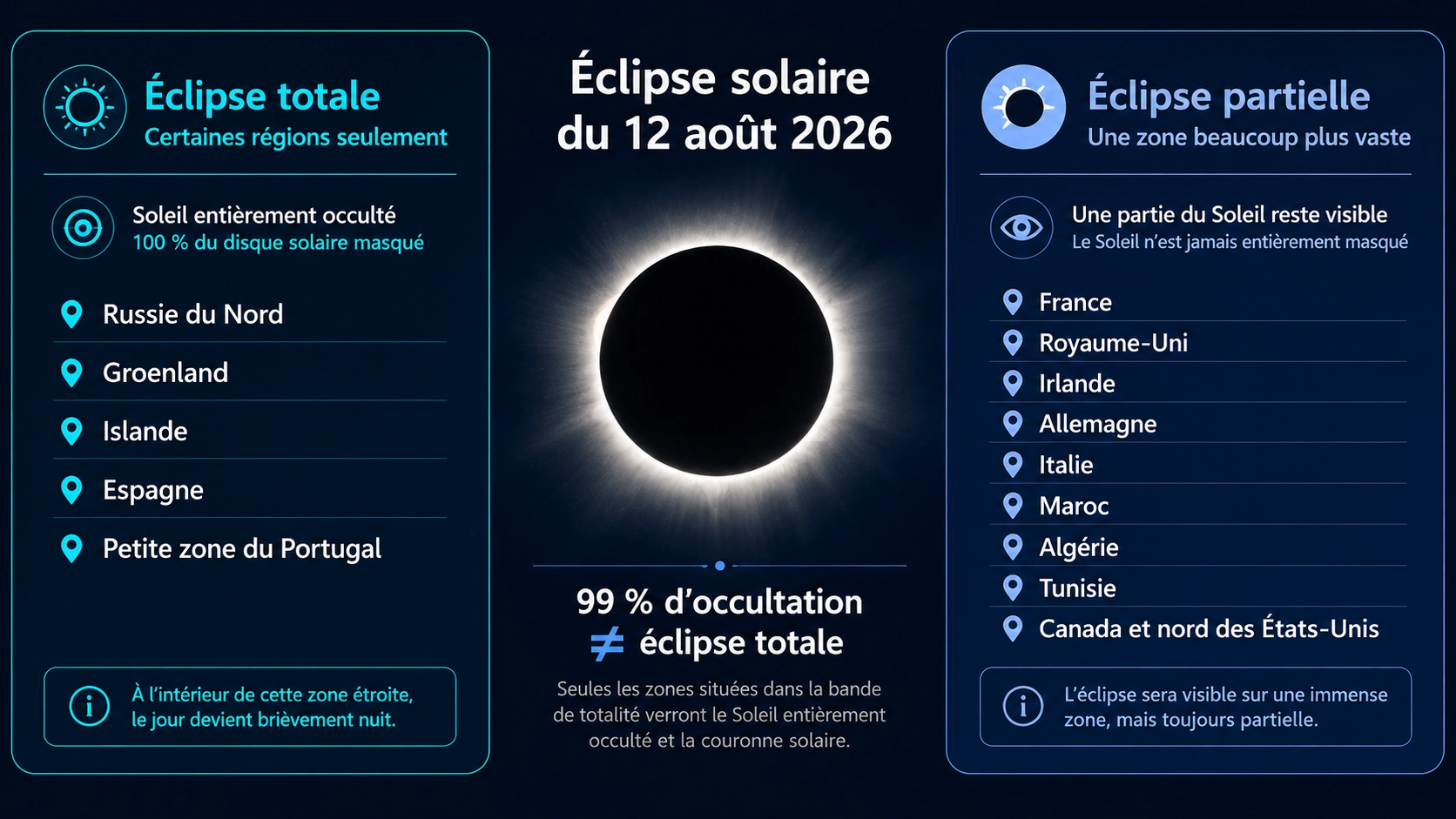 Infographie montrant les régions où l’éclipse solaire du 12 août 2026 sera totale ou partielle
