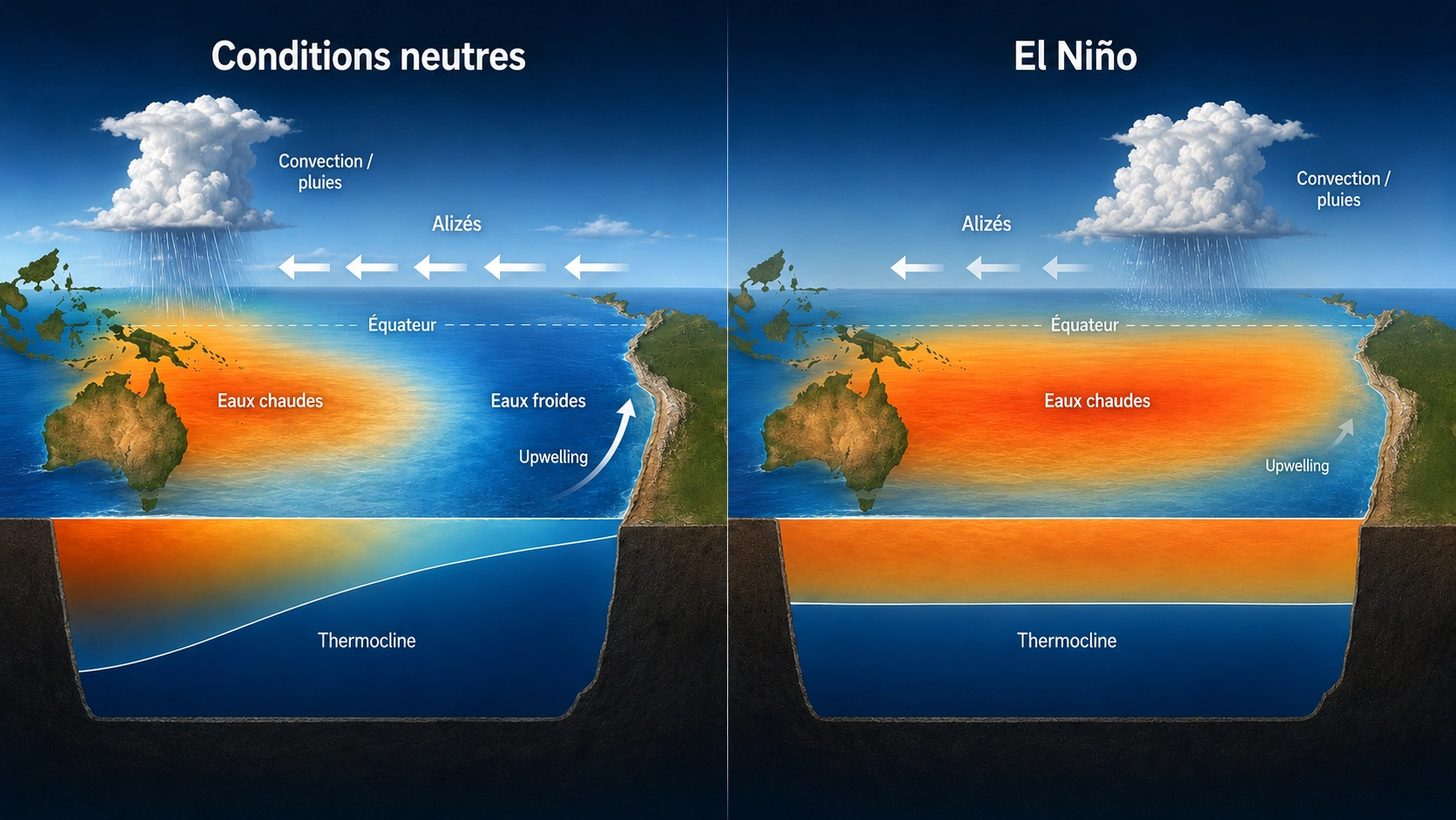 Schéma comparant les conditions neutres du Pacifique et un épisode El Niño