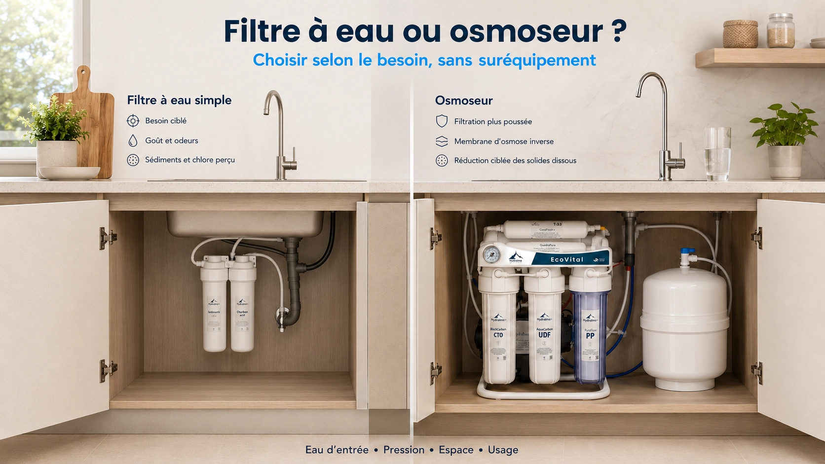 Comparatif entre filtre à eau simple et osmoseur pour choisir une filtration adaptée au besoin du foyer sans suréquipement