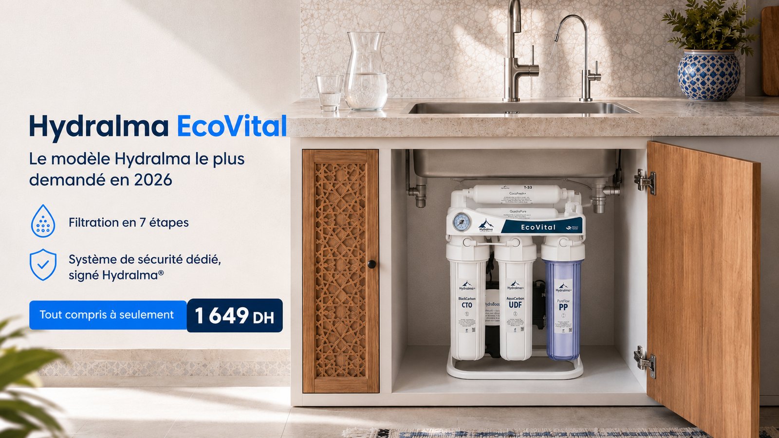 Filtre à eau et osmoseur Hydralma EcoVital à 7 étapes installé sous évier dans une cuisine moderne