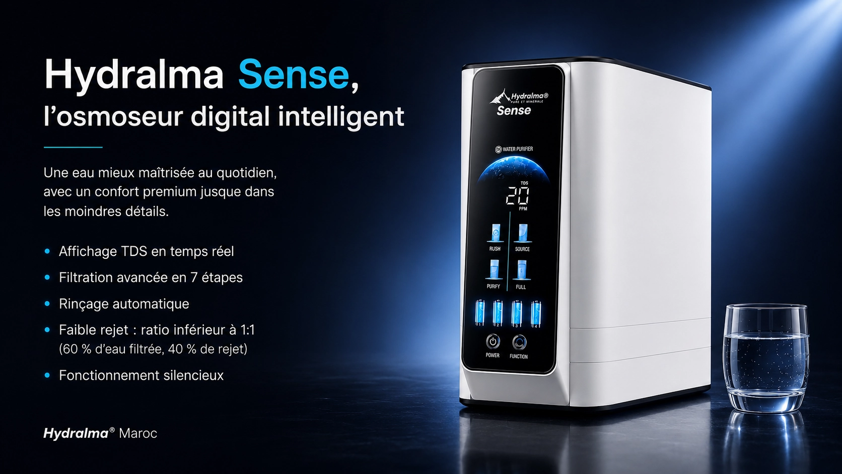 Hydralma Sense, osmoseur digital intelligent à 7 étapes avec affichage TDS en temps réel et faible rejet au Maroc