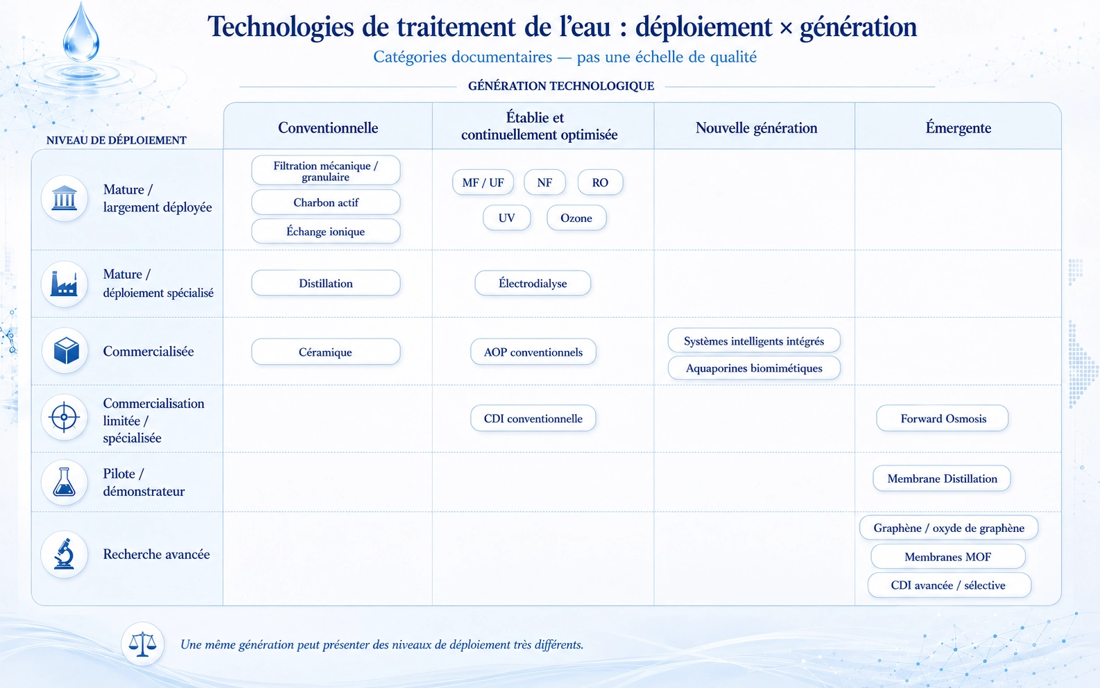 Matrice croisant génération technologique et niveau de déploiement des technologies de traitement de l’eau