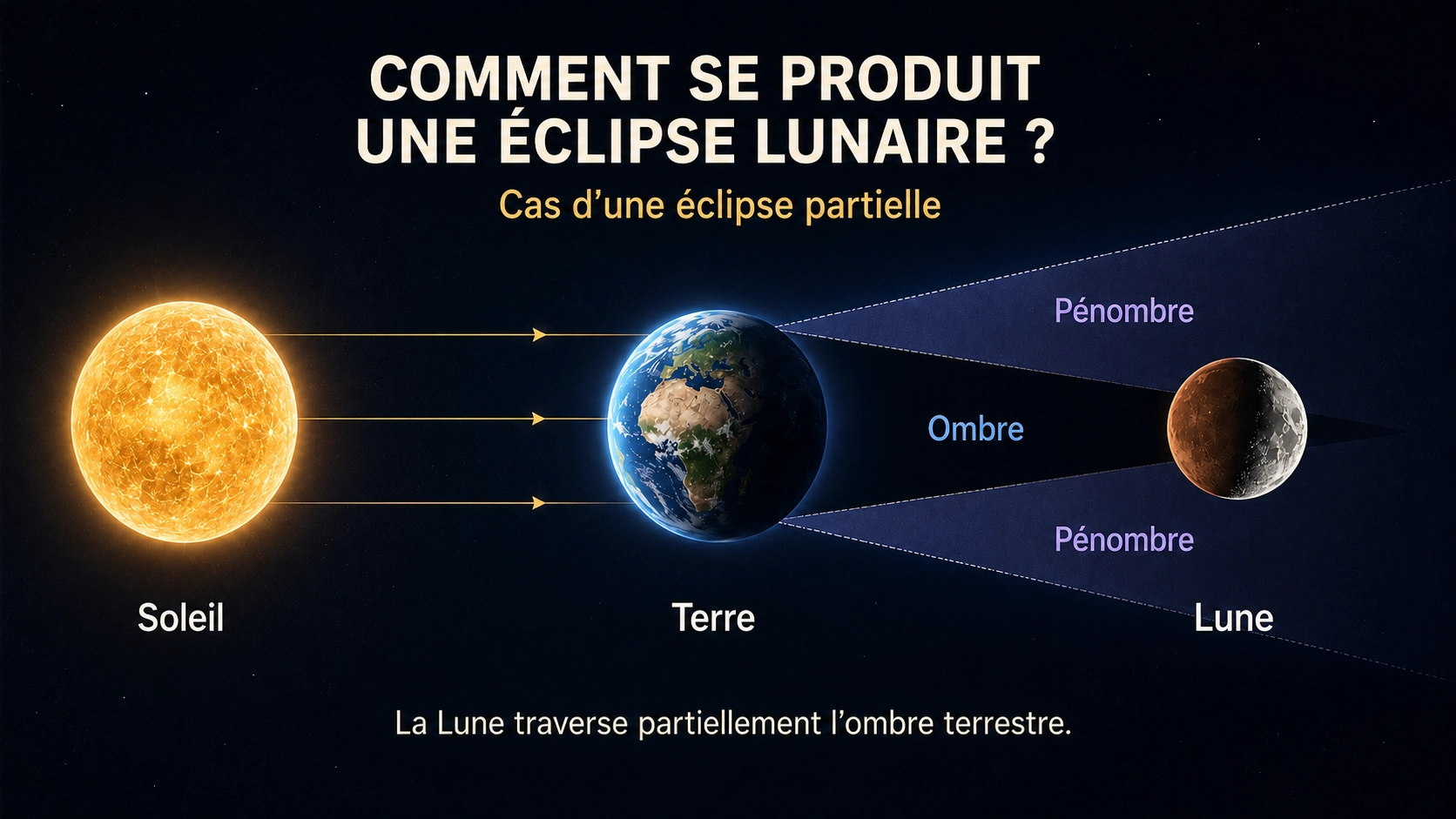 Schéma expliquant le mécanisme d'une éclipse lunaire partielle avec le Soleil, la Terre, l’ombre et la Lune