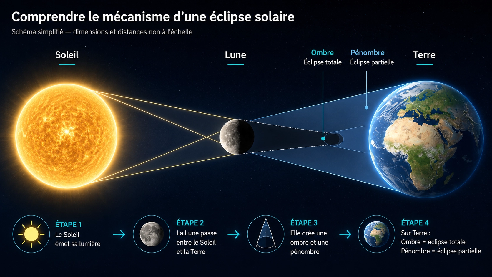 Schéma expliquant le mécanisme d’une éclipse solaire avec le Soleil, la Lune, la Terre, l’ombre et la pénombre