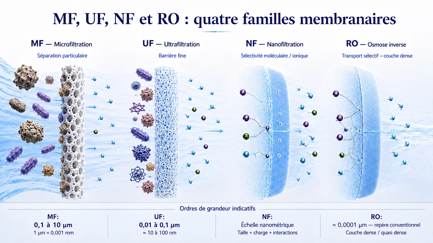 Comparaison fonctionnelle entre microfiltration, ultrafiltration, nanofiltration et osmose inverse