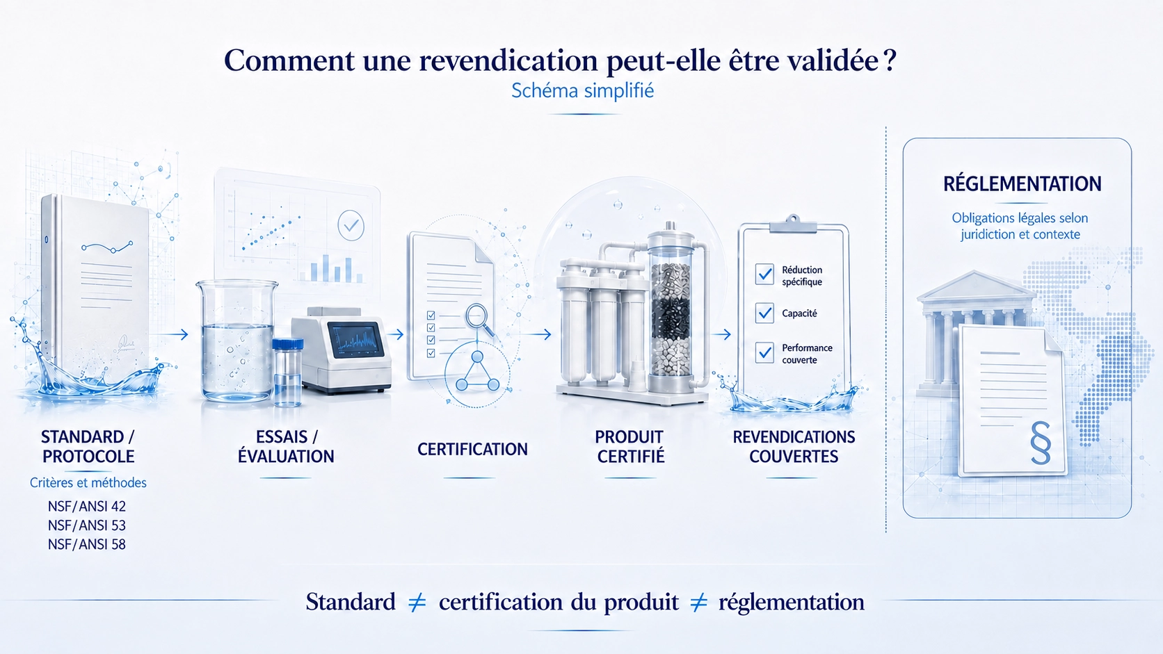 Différence entre standard, essais, certification d’un produit et réglementation de l’eau