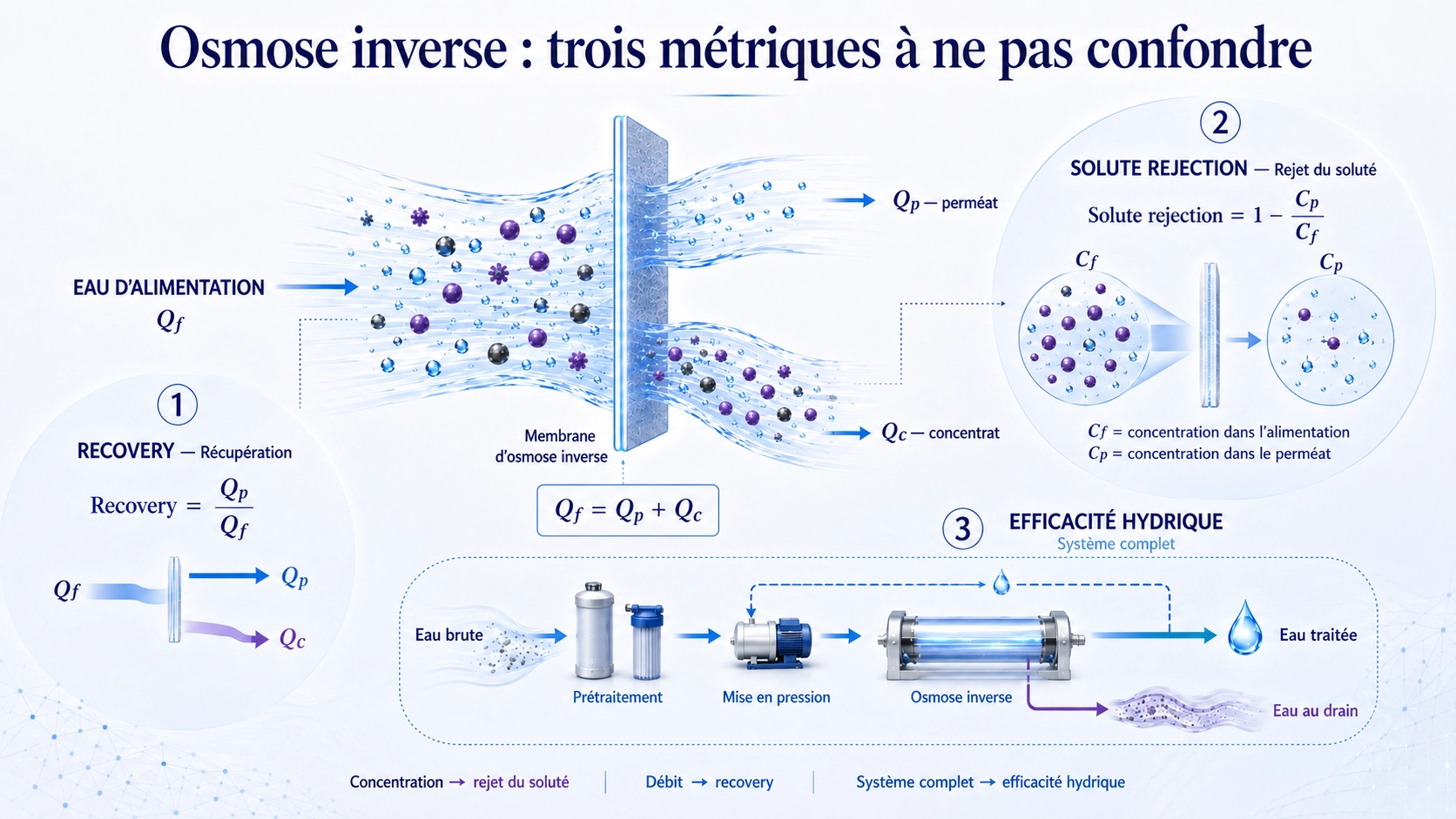 Différence entre rejet des solutés, récupération membranaire et efficacité hydrique d’un système d’osmose inverse