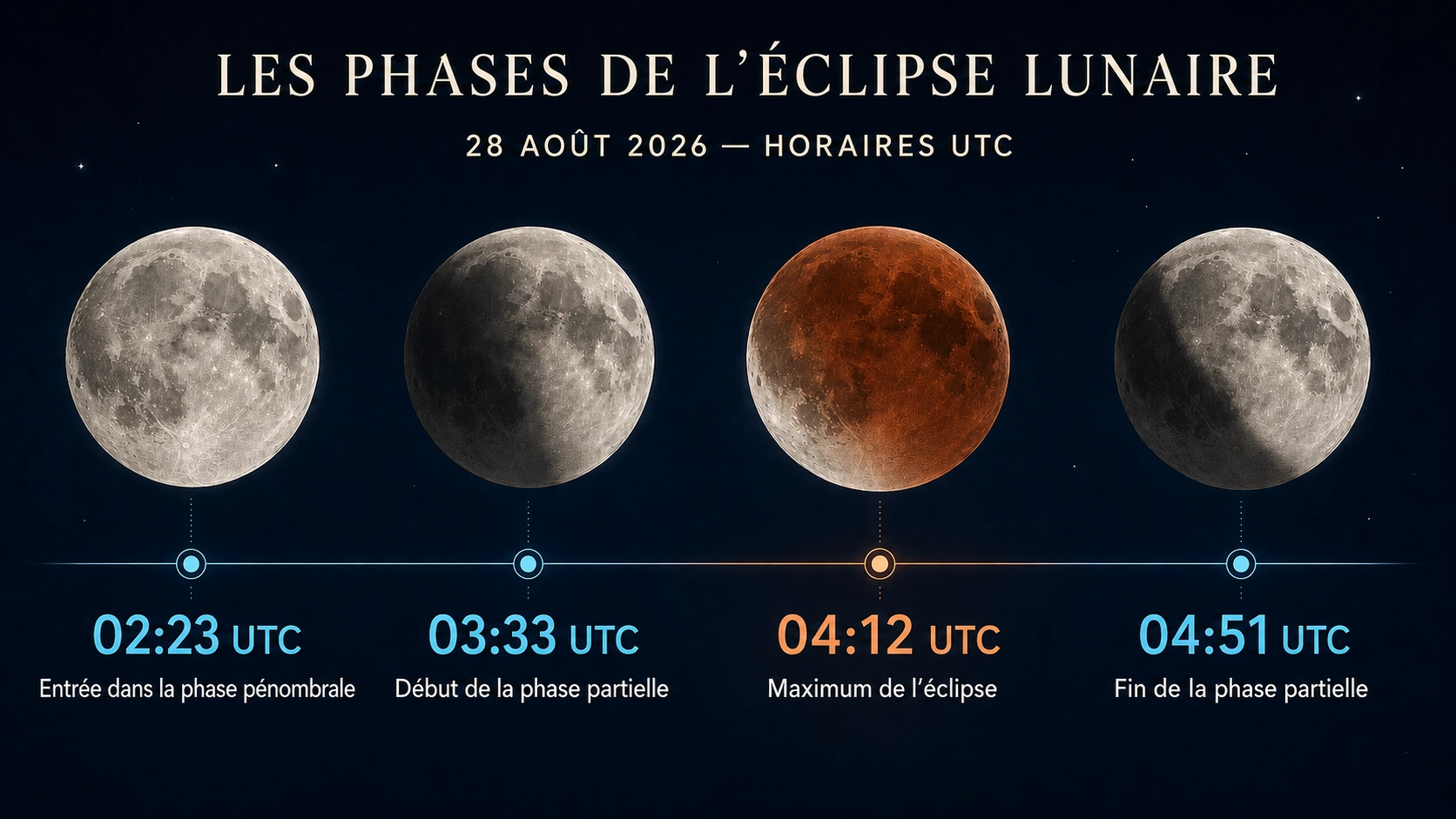 Phases de l’éclipse lunaire du 28 août 2026 avec les principaux horaires en UTC : entrée dans la phase pénombrale à 02:23 UTC, début de la phase partielle à 03:33 UTC, maximum à 04:12 UTC et fin de la phase partielle à 04:51 UTC.