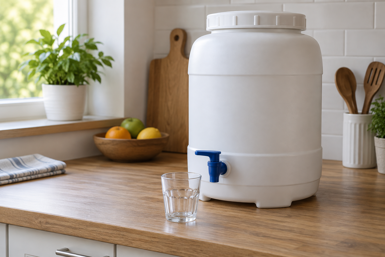 Récipient opaque fermé muni d'un robinet, posé sur une surface propre avec un verre devant.