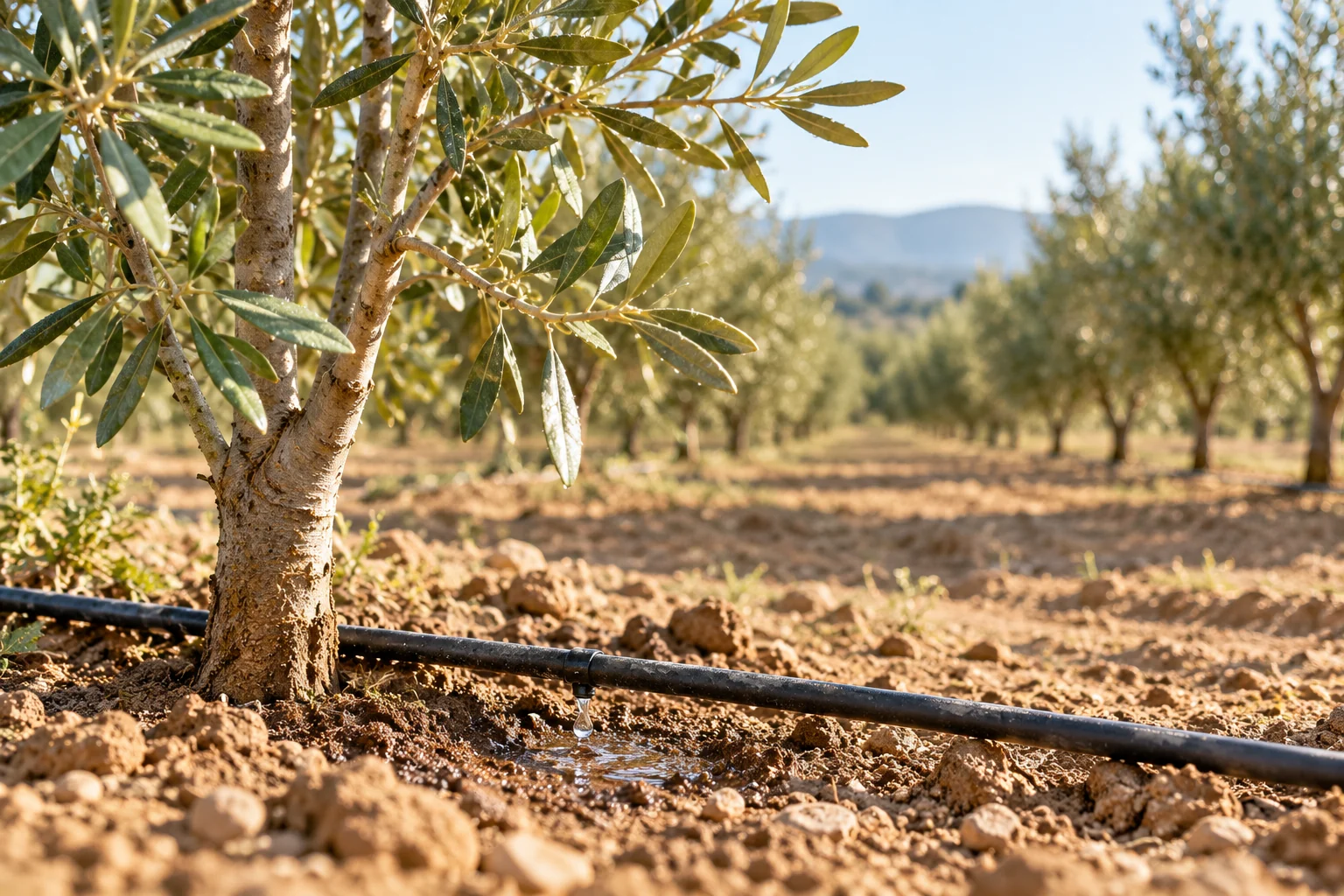 Scène illustrative d'irrigation au goutte-à-goutte au pied d'un olivier, sans personne.