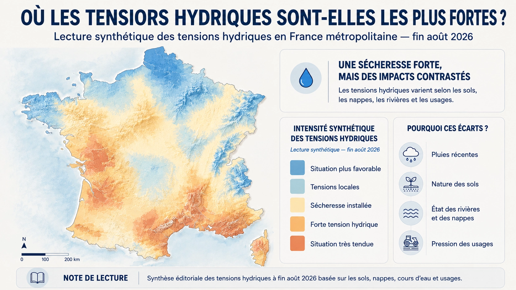 Carte synthétique des tensions hydriques en France métropolitaine fin août 2026 montrant des situations territoriales contrastées