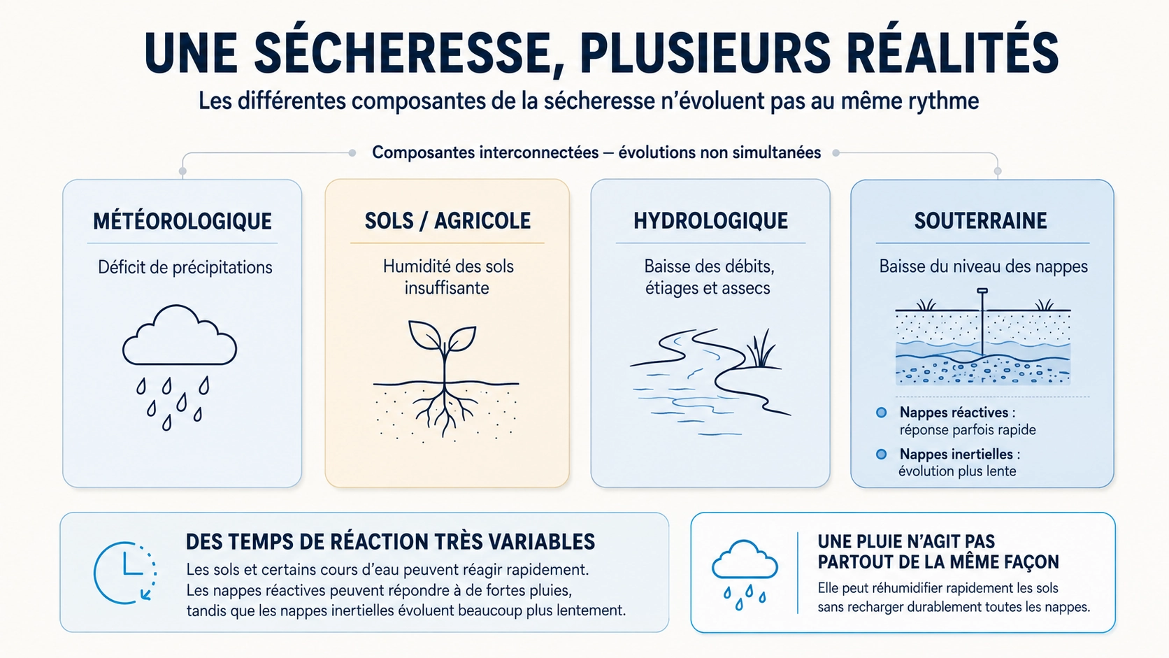 Infographie expliquant les quatre types de sécheresse : météorologique, des sols, hydrologique et souterraine