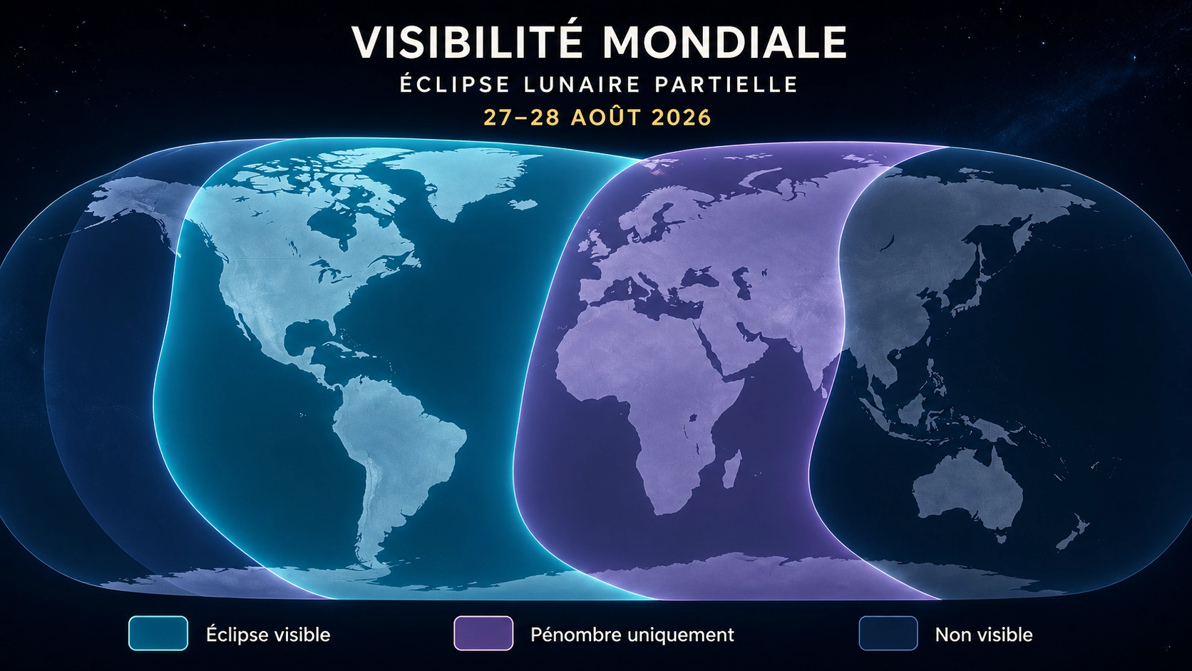 Carte mondiale de visibilité de l’éclipse lunaire partielle du 27-28 août 2026