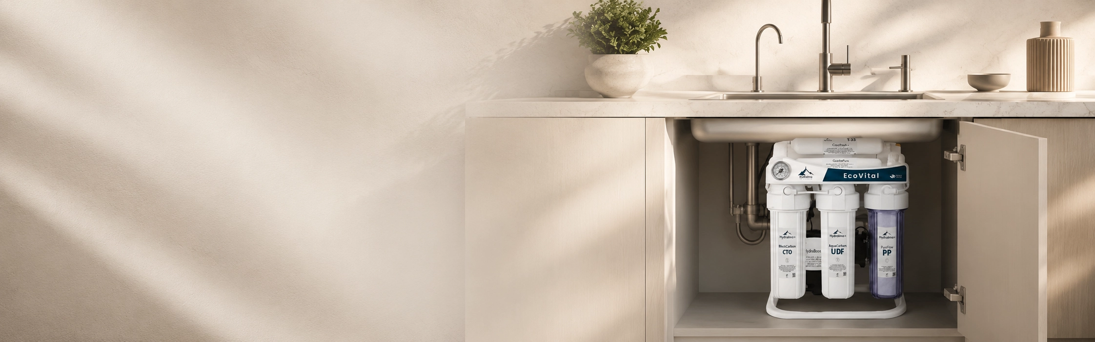Filtre à eau Hydralma EcoVital 7 étapes installé sous évier dans une cuisine moderne et lumineuse au Maroc